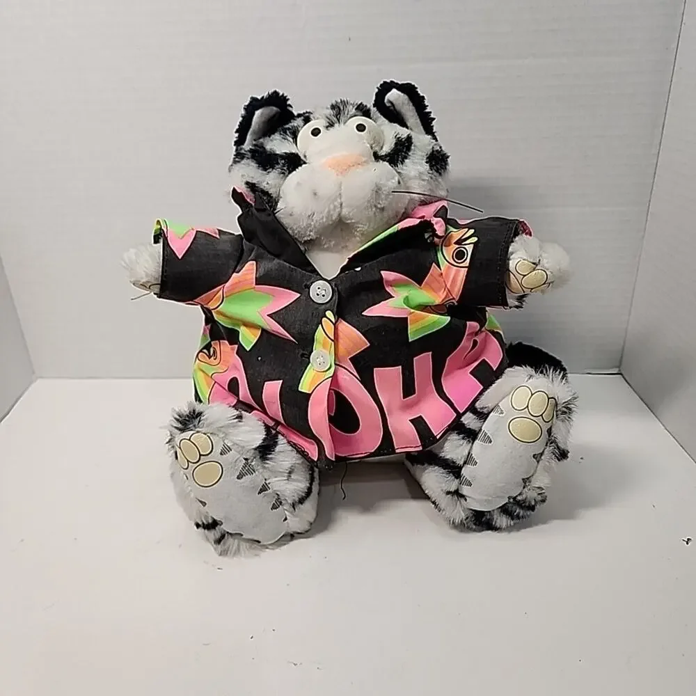 1989 Bernard Kliban Star Shine Hawaiian Aloha Fat Cat Gray & Black Plush Tag 9”